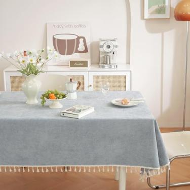 Imagem de Wuluwala Toalha de mesa rústica para mesas de jantar, toalha de mesa simples de cor sólida com borlas, toalha de mesa resistente, tecido de chenille macio, capa de mesa lavável para cozinha, uso
