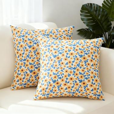 Imagem de Travesseiros florais de girassol à prova d'água para móveis de pátio 45,7 x 45,7 cm, conjunto de 2 fronhas decorativas amarelas para sofá, varanda, cadeira, banco, reversível, casa de campo, fazenda
