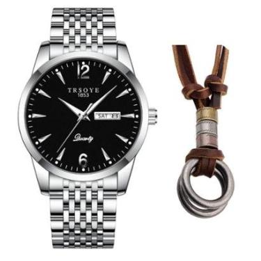 Imagem de Relógio Masculino De Luxo Prata Analógico Social + Colar-Masculino