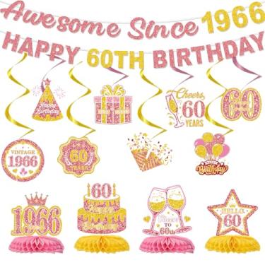 Imagem de Decoração de aniversário de 60 anos para mulheres, 14 peças de kit de banner de feliz aniversário de 60 anos em ouro rosa, suprimentos de festa, incrível desde 1966, redemoinhos pendurados, centro de