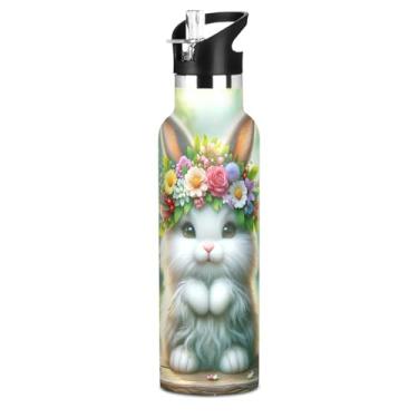 Imagem de Garrafa de água isolada de 590 ml com tampa e alça de palha, garrafas de água escolar a vácuo de parede dupla para adolescentes, frasco térmico de aço inoxidável sem BPA, coelho colorido de Páscoa