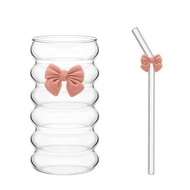 Imagem de Copos de canudo Bow - Design de laço fofo, copo de vidro reutilizável para café gelado, suco, leite, bebidas frias - Acessórios perfeitos para café bar, utensílios festivos, utensílios de bebida