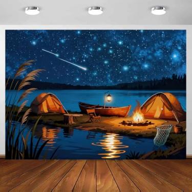Imagem de Pano de fundo de acampamento, tema de acampamento, churrasco, festa, cenário fotográfico, faixa de acampamento feliz, cenário de fotografia noturna, adereços de cabine de estúdio de poliéster, 18 x