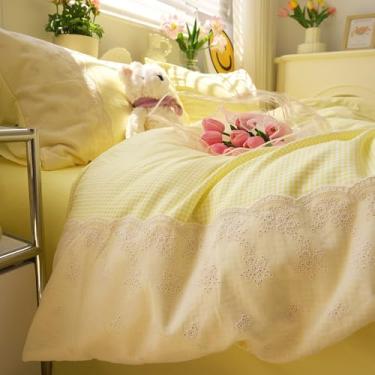 Imagem de LifeTB Capa de edredom King com 3 peças de renda romântica de microfibra macia creme amarelo quadriculado casa de fazenda xadrez xadrez jogo de cama