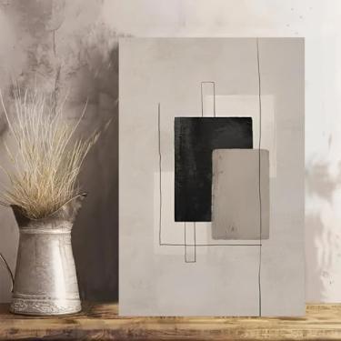 Imagem de Arte de parede em tela rústica vintage retangular bege preto abstrato - Pôster sem moldura de 30 x 45 cm - Ideia de presente para decoração de casa e escritório para sala de estar, quarto, cozinha e