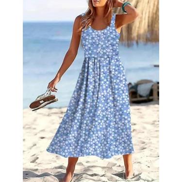 Imagem de Vestido plissado sem mangas floral feminino, gola redonda, confortável