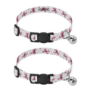 Imagem de SEHANY Conjunto de 2 coleiras de cachorro com laço rosa fofo, fivela de plástico resistente, leve, macia e leve, com sino pequeno, coleiras personalizadas com nome de animal de estimação para meninos
