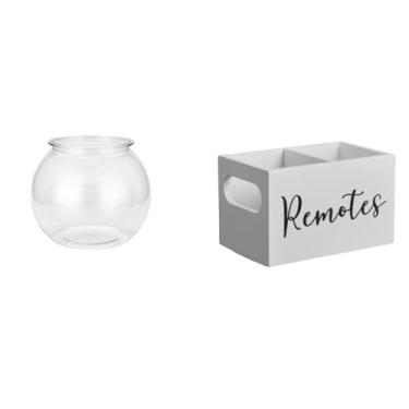 Imagem de Whtkoph Elegante Vaso Aquário Redondo com Organizador de Controles Remotos para Mesa de Escritório E Decoração de Casa, com Aquário de Madeira Retrô E Suporte