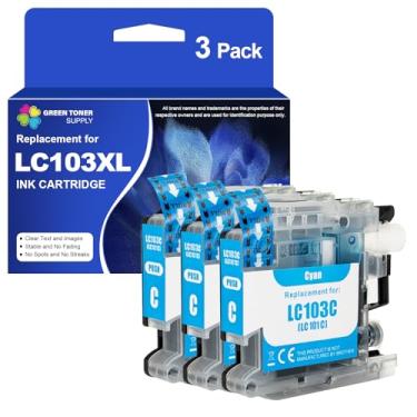 Imagem de Green Toner Supply Cartucho de tinta compatível LC103 XL para impressora Brother LC103CL LC103XL LC103C para impressora DCP-J152W MFC-J245 MFC-J285DW (pacote com 3, ciano)