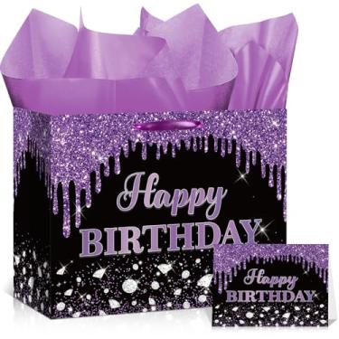 Imagem de Yoirrat Bolsa de presente de aniversário preta roxa para meninas e adolescentes grande com glitter, bolsa de feliz aniversário com papel de embrulho e cartão para galáxia gótico artigos de festa de