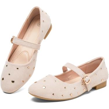 Imagem de Waluzs Sapatilhas Mary Jane Sapatilhas femininas de camurça cravejada preta sem salto para mulheres confortáveis para escritório sem salto com tira no tornozelo, Bege cravejado, 37