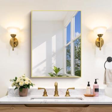 Imagem de COFENY Espelho de banheiro dourado para parede, retângulo de 45 x 61 cm com moldura de metal, penteadeira moderna para banheiro, sala de estar, entrada pendurada horizontal ou vertical
