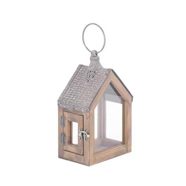 Imagem de Lanternas decorativas de fazenda de 28 cm de altura, vidro e metal, acabamento de madeira marrom envelhecido, topo de metal marrom rústico, castiçais internos e externos (marrom rústico, 15 x 10 cm)