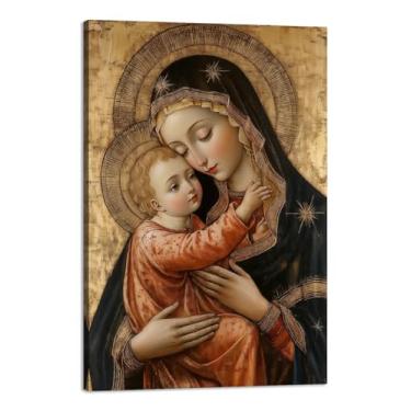 Imagem de MODOJOART Arte de parede em tela da Sagrada Família - Pintura da Virgem Maria e Jesus, Arte Religiosa Católica para Berçário da Igreja - Emoldurado Pronto para Pendurar (Obra de Arte - 02, 30,5 x 45,7