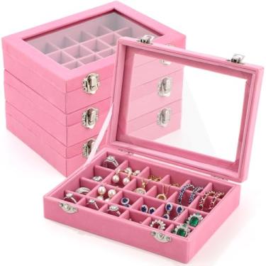 Imagem de Nosiny 4 peças, caixa de joias de veludo, 24 grades, anel de joias, caixa organizadora de suporte de bandeja, brincos, estojo de armazenamento para meninas, esposa, mãe, mulheres (rosa)