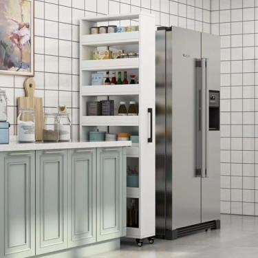 Imagem de Carrinho de armazenamento fino com rodinhas - Organizador de cozinha estreito com alça e rodas, suporte de madeira para temperos para espaços pequenos, prateleira de despensa, acabamento de nogueira