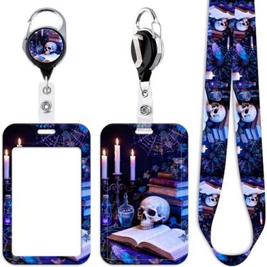 Imagem de Cordão de crachá de identificação de caveira legal para crachás de identificação, livros, porta-crachás retrátil, clipe de esqueleto, chaveiro de esqueleto, suporte de identificação para chaves, para