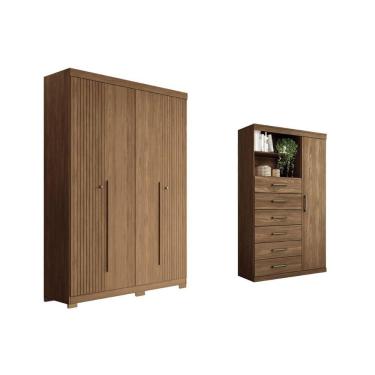 Imagem de Guarda Roupa Cômoda 2 Peças Solteiro Closet Santos Andirá 4 Portas Bater 2 Gavetas MDP Fosco Jatobá