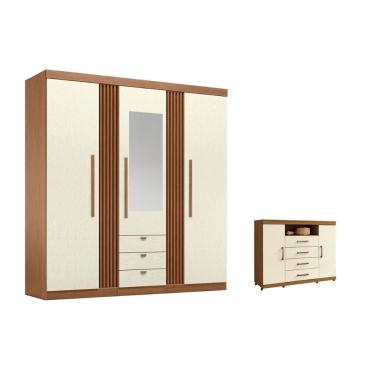 Imagem de Guarda Roupa Solteiro e Closet + Cômoda Qc243 3 Portas de Bater 3 Gavetas em Mdp com Espelho Jatobá-Areia