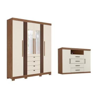 Imagem de Guarda Roupa e Cômoda Casal Kit QC318 Aurora 4.4 Portas de Bater 4 Gavetas em MDP com E...