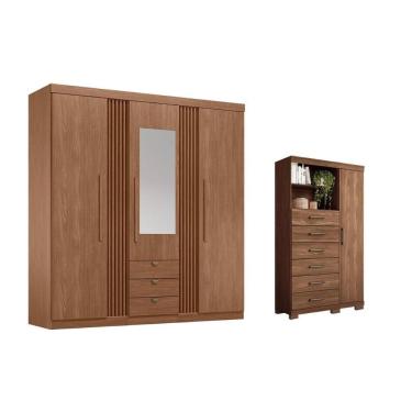 Imagem de Guarda Roupa Solteiro e Closet com Cômoda Qc245 4 Portas 3 Gavetas com Espelho Jatobá