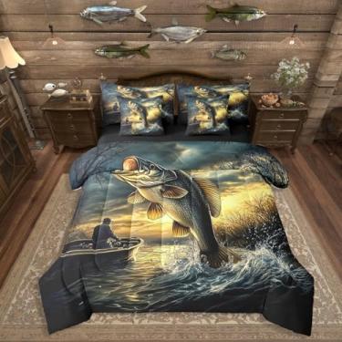 Imagem de Erosebridal Jogo de cama casal de pesca de robalo, cama de pescador e peixe em uma bolsa com lençol com lençol grande, para meninos, adolescentes e adultos, conjunto de cama rústica rústica