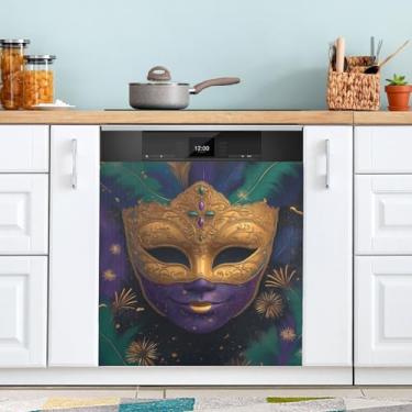 Imagem de ATTX Máscara colorida Mardi Gras capa magnética para lava-louças | Adesivo decorativo de eletrodomésticos de 58 x 66 cm para armários domésticos e eletrodomésticos (132)