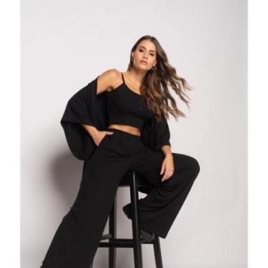 Imagem de Conjunto Salvatore Fashion Kimono Cropped Wide Leg Canelado Feminino-Feminino
