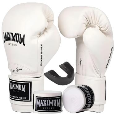 Imagem de Kit Luva De Boxe Muay Thai New Classic Branco + Bandagem 3m + Protetor Bucal - Maximum Boxing-Unissex