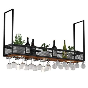 Imagem de Prateleira de vinho montada no teto com luzes e suporte de vidro prateleira de vinho industrial ajustável para pendurar na parede para bar prateleira de vinho de ferro de metal