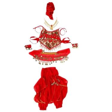 Imagem de Traje de dança do ventre infantil elegante conjunto de roupa de chiffon com lantejoulas e véu de cabeça e acessórios para meninas festa de dança do ventre vermelho S M L XL (XL)