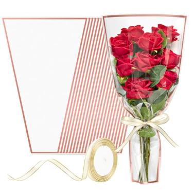 Imagem de Jutieuo 50 peças de sacos de flores brancas para buquê, 40 x 29 cm, mangas de flores frontais transparentes, envoltórios florais de plástico com fitas para suprimentos de embalagem de floristas