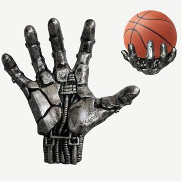 Imagem de SWECOMZE Suporte de parede de basquete, suporte de exibição de bola, design mecânico Cyberpunk, arte de parede de resina para homens acessórios de caverna (prata)