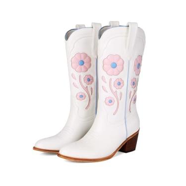 Imagem de LGQ Botas femininas de caubói florais, lindas botas de cano médio, flor cowgirl western country, bico fino, sapatos de salto grosso para mulheres., Branco, 41