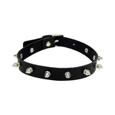 Imagem de Colar Gótico Feminino Preto De Couro Punk Com Coração, Cadeado E Espin