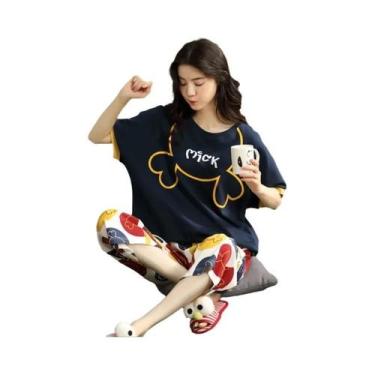 Imagem de Pijamas De Verão Em Algodão Para Mulheres Tamanho Grande, Manga Curta,