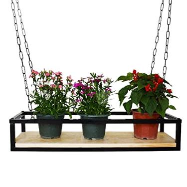 Imagem de Suporte de flores suspenso - Rack de exibição de plantas de madeira maciça e metal, prateleira de cestas de flores para pendurar no teto para armazenamento de cozinha, organizador de panela e panela
