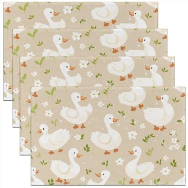 Imagem de Jogo americano de ganso branco para mesa de jantar e pátio de pato rústico 30,5 x 45,7 cm, conjunto de 4 tapetes de mesa florais fofos para fazenda, campo, animal, à prova d'água