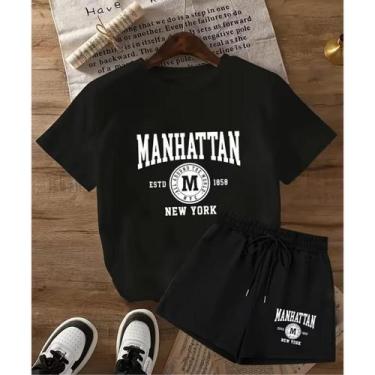 Imagem de Kit Conjunto Camiseta Shorts Feminino Manhattan New York Treino Leve B
