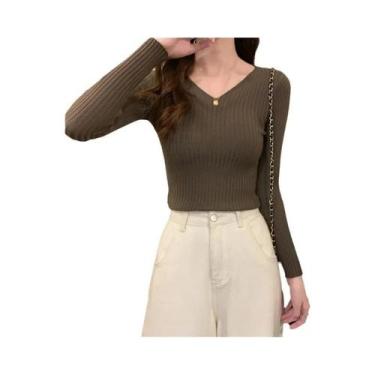Imagem de Suéter Feminino Slim Fit Com Decote Em V, Manga Longa, Cor Sólida, Mod