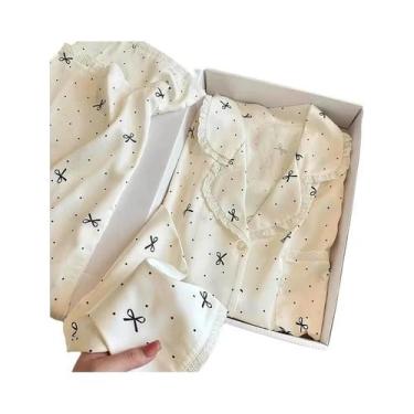 Imagem de Conjunto De Pijama De Manga Longa Com Laço Estilo Francês, Em Seda Gel