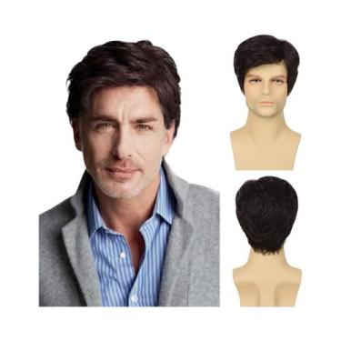 Imagem de Peruca Sintética Masculina Curta Com Divisão Lateral, Preta, Natural, 