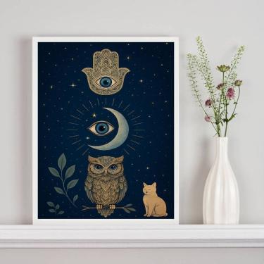 Imagem de Quadro Mistico Hamsa Lua Coruja Gato 45x34cm