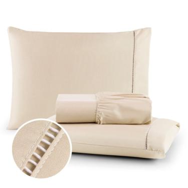 Imagem de Jogo de Lençol Ponto Palito King Size 3 Peças Micropercal 400 Fios 100% Poliéster Bege Liso OEM