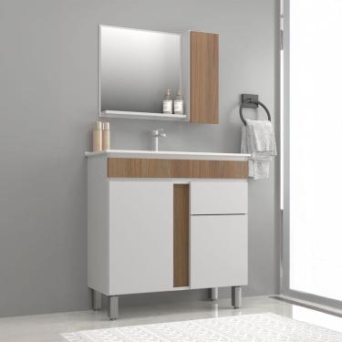 Imagem de Armário de Banheiro Gama 2 Portas 1 Gaveta com Cuba e Espelho 100% Mdf Noce - Belizze M...