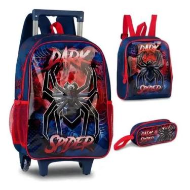 Imagem de Kit Escolar Mochila Rodinha Lancheira Estojo Darkspider Azul Cor Verme