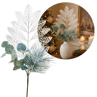 Imagem de Galho Decorativo Natalino Multi Folhagens Nevado 50cm Verde e Off White Yangzi