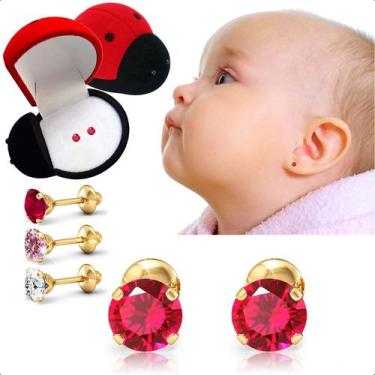 Imagem de Brinco Recém nascido Infantil Bebê em Ouro 18k 750 2,5mm - B2BAG, Verm
