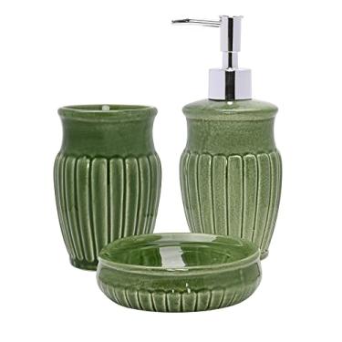 Imagem de Mimo Style Jogo de Banheiro Marine na Cor Verde Inteiramente de Cerâmica, Com Detalhes em Alto Relevo. Conjunto de 03 Peças: Porta Sabonete (325ml), Saboneteira e Porta Escova. Elegante
