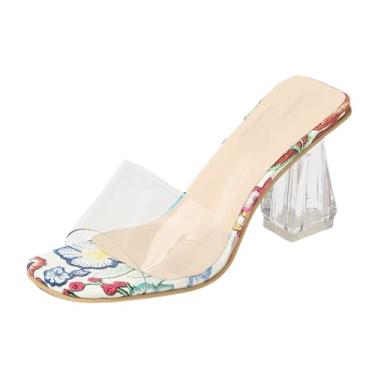 Imagem de Sapatos femininos transparentes de salto grosso sem salto perolado vestido de noiva 8 cm de trabalho praia lazer sandálias, Nude., 12